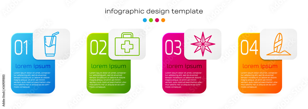 套装鸡尾酒和酒精饮料、急救箱、Wind rose和冲浪板。商业信息图te