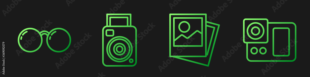 Set line Photo, Glasses, Photo camera and Photo camera. Gradient color icons. Vector.