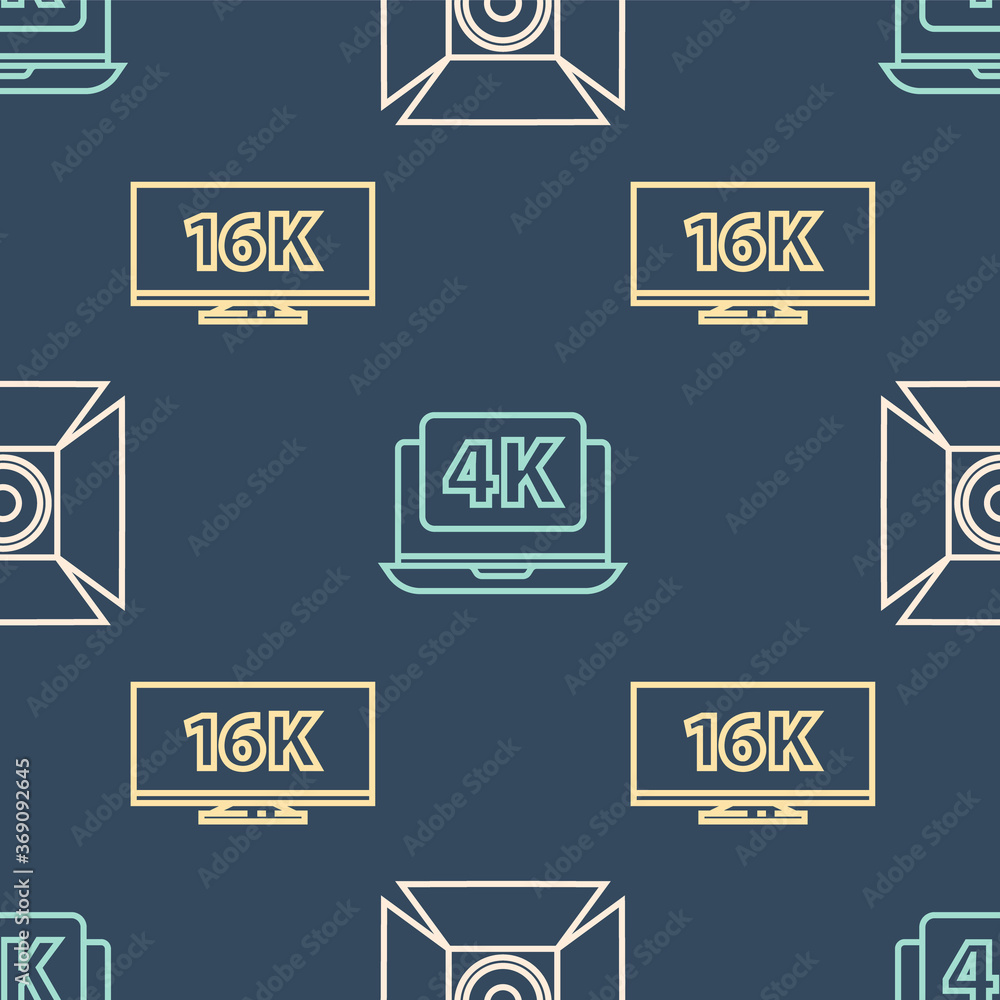 Set line Movie spotlight, Screen tv with 16k and Laptop with 4k video on seamless pattern. Vector.