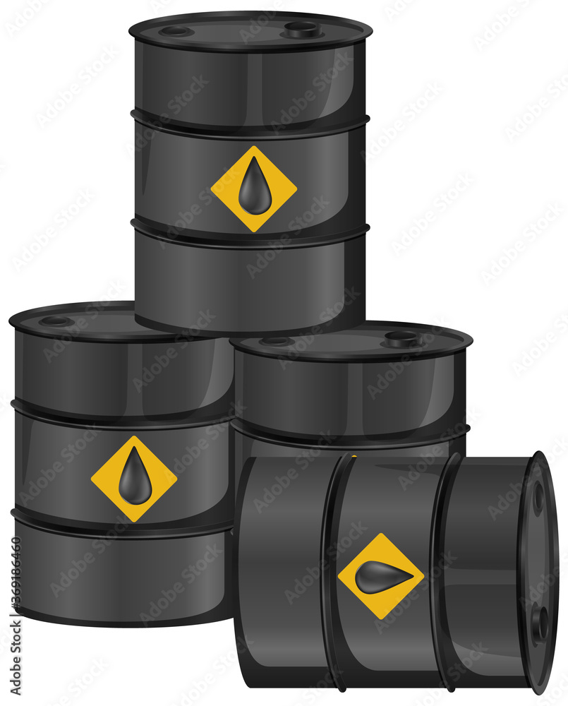 Black oil barrels with crude sign isolated on white background