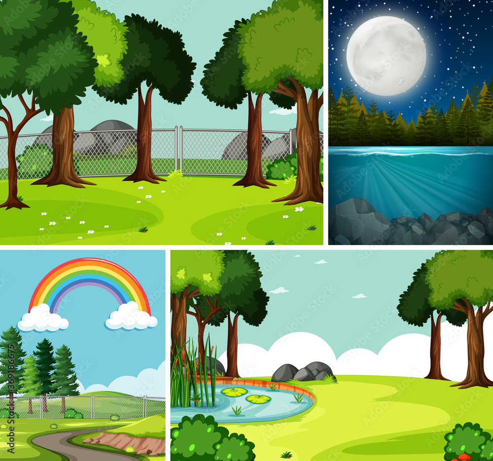 Four different scenes in nature setting cartoon style