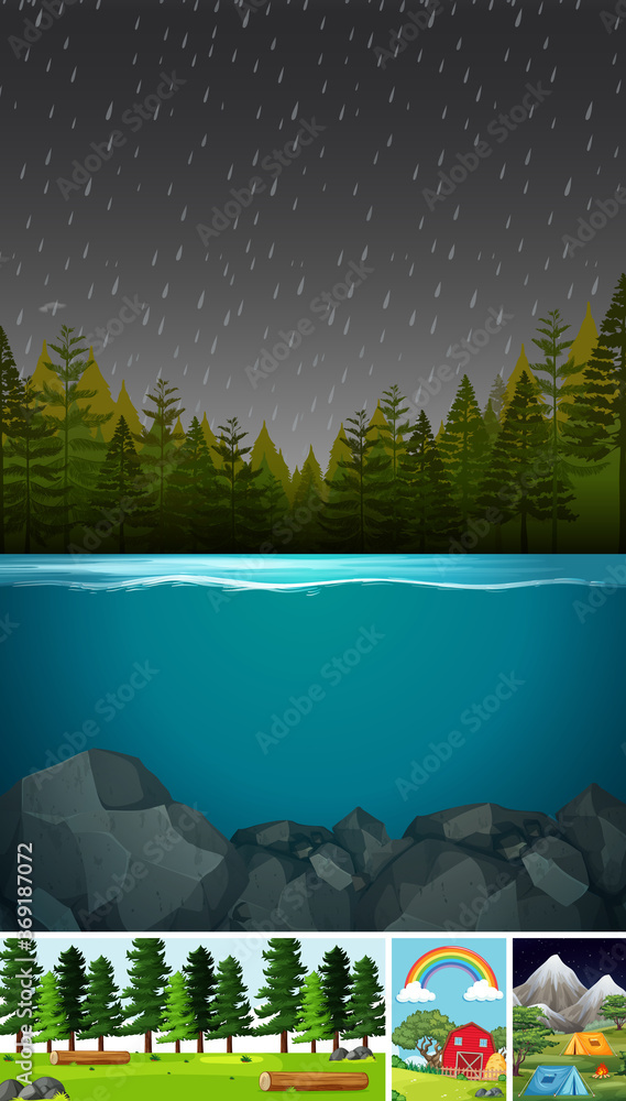 Four different scenes in nature setting cartoon style