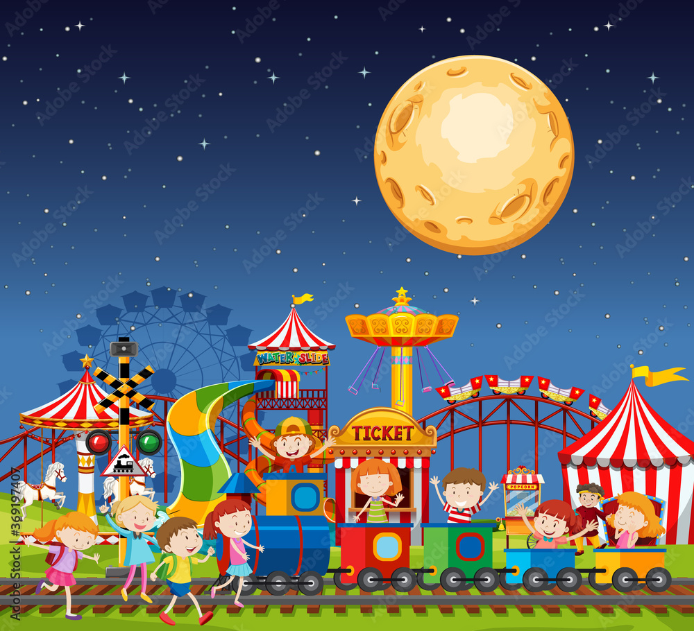 Amusement park scene at night with big moon in the sky