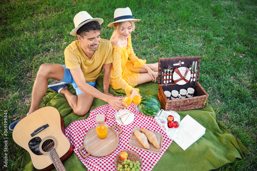 Happy young couple on picnic in park