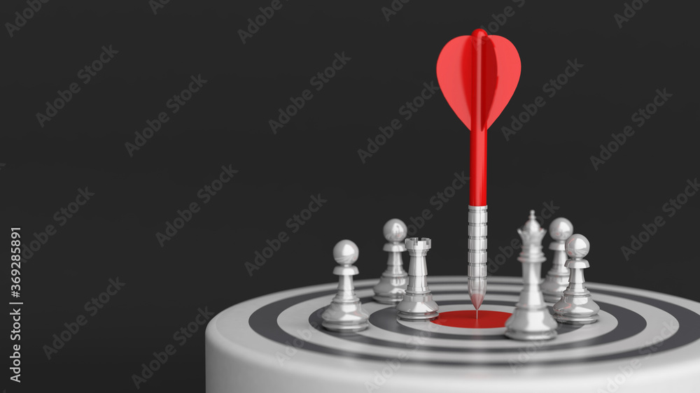 Arrow on center dartboard with chess, strategy business, 3d rendering