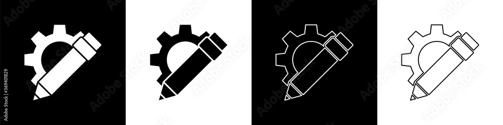 Set Pencil and gear icon isolated on black and white background. Creative development. Blogging or c