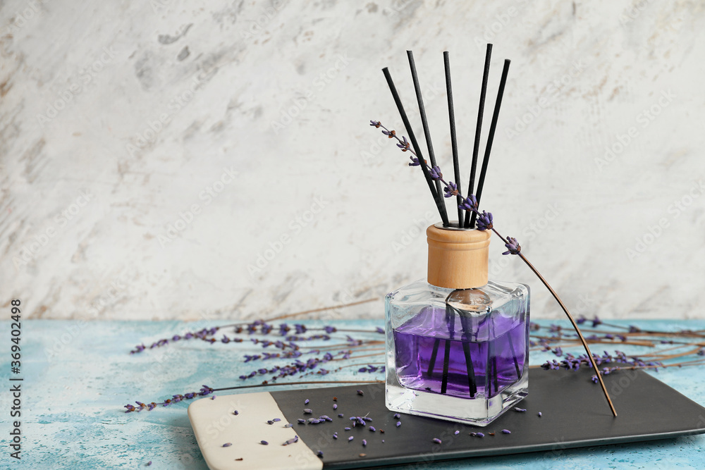 Lavender reed diffuser on table