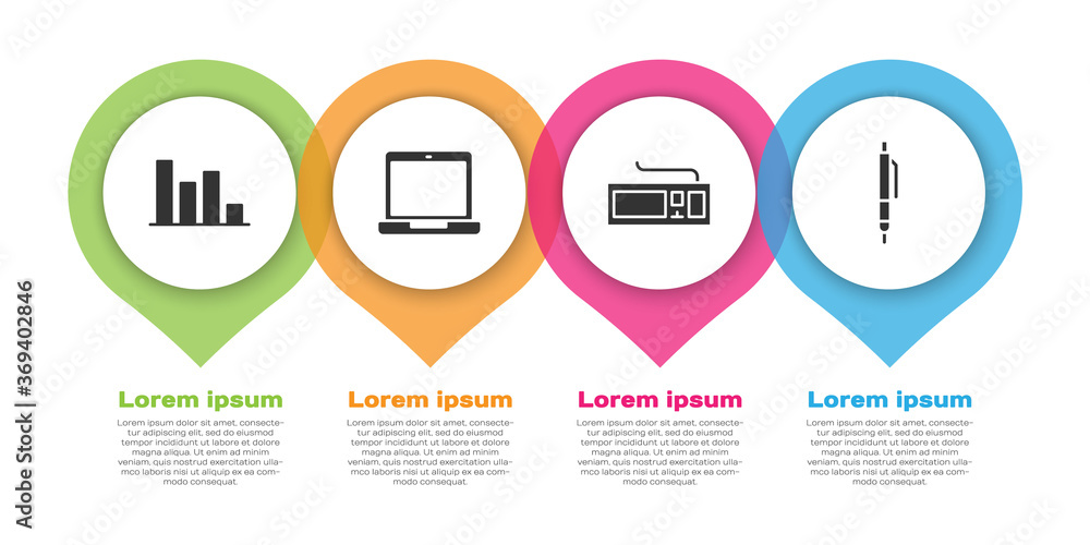 设置饼图信息图，笔记本电脑，键盘和笔。商业信息图模板。矢量。
