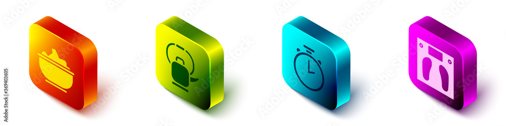 Set Isometric Sea salt in a bowl, Kettle with handle, Stopwatch and Bathroom scales icon. Vector.