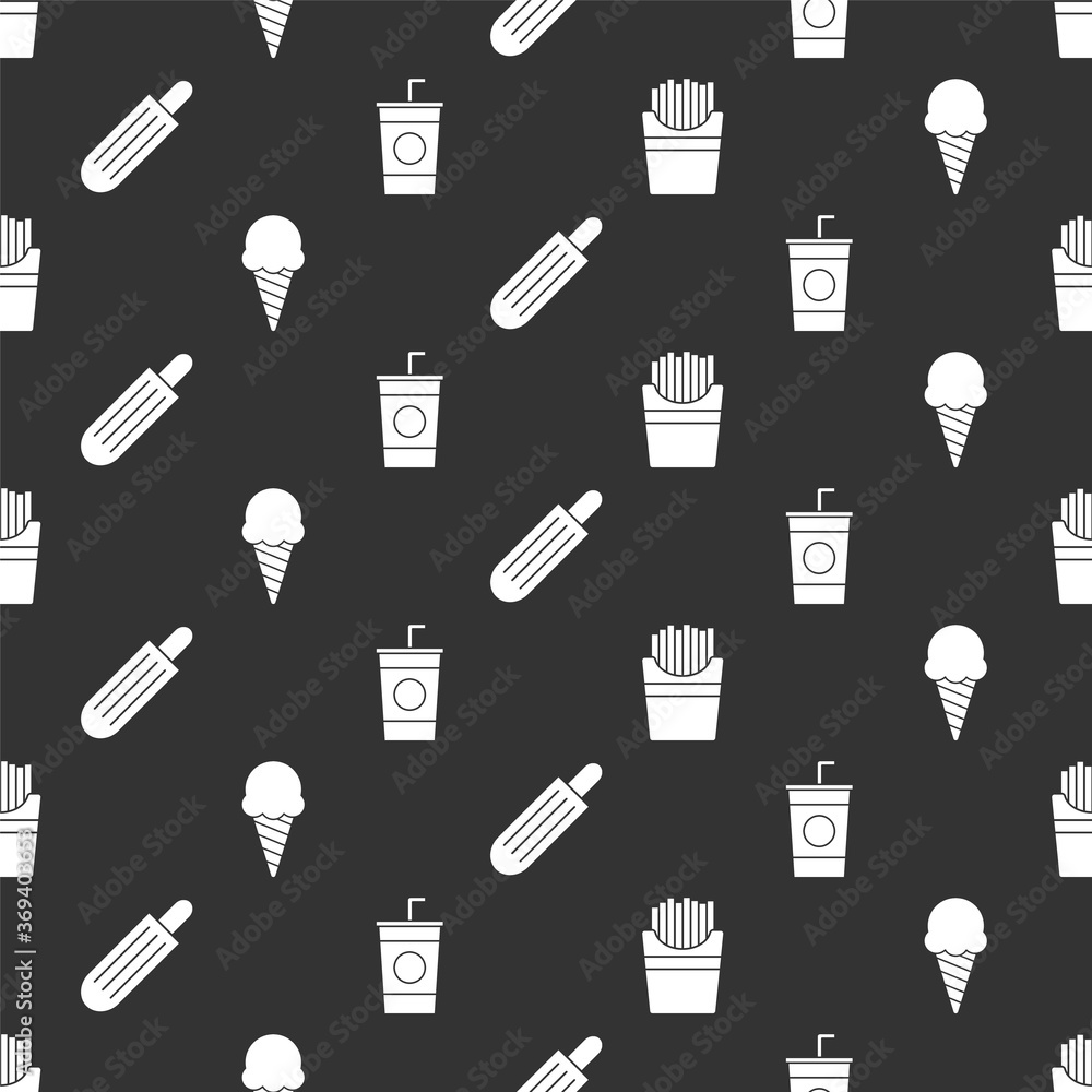 Set Potatoes french fries in box, Ice cream in waffle cone, French hot dog and Paper glass with stra