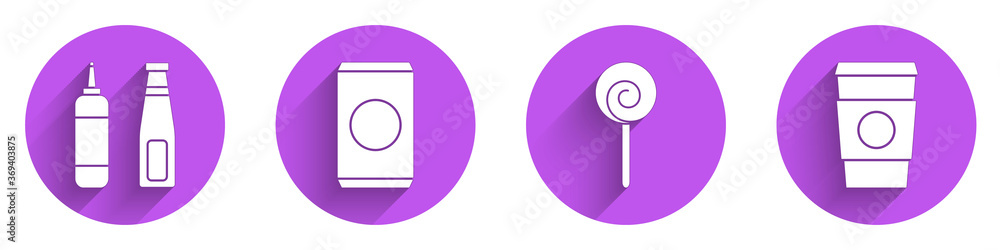 Set Sauce bottle, Soda can with straw, Lollipop and Coffee cup to go icon with long shadow. Vector.