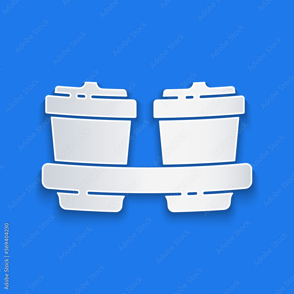 Paper cut Coffee cup to go icon isolated on blue background. Paper art style. Vector Illustration.