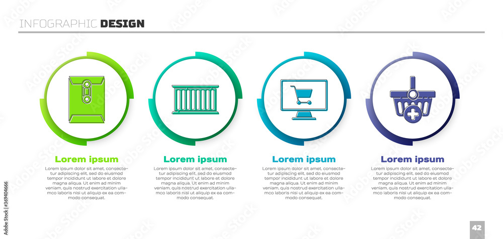 Set Envelope, Container, Shopping cart on computer and Add to Shopping basket. Business infographic 