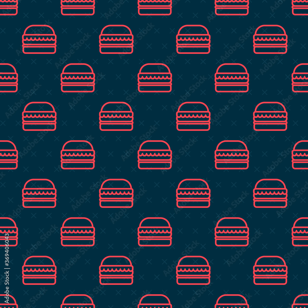 Red line Burger icon isolated seamless pattern on black background. Hamburger icon. Cheeseburger san