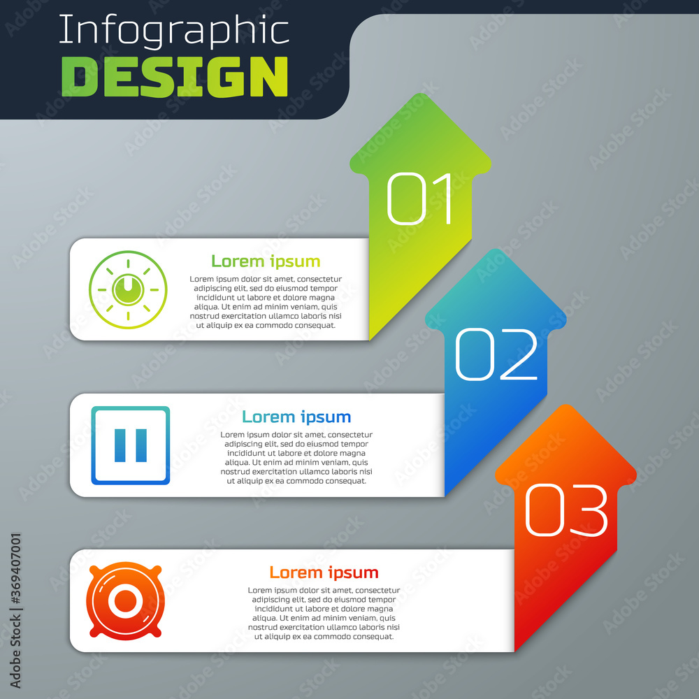 Set Dial knob level technology settings, Pause button and Stereo speaker. Business infographic templ