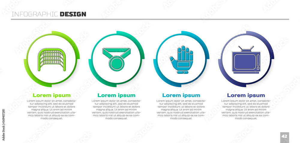 设定冰球目标、奖牌、冰球手套和复古电视。商业信息图模板。矢量。