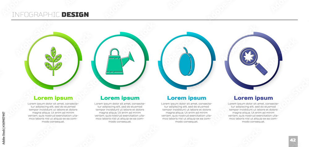 Set Leaf or leaves, Watering can, Plum fruit and Magnifying glass with leaf. Business infographic te