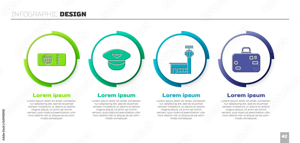 设置机票、飞行员帽、机场控制塔和手提箱。商业信息图模板.Ve