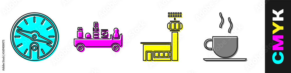 设置指南针、机场行李牵引车、机场控制塔和咖啡杯图标。矢量。