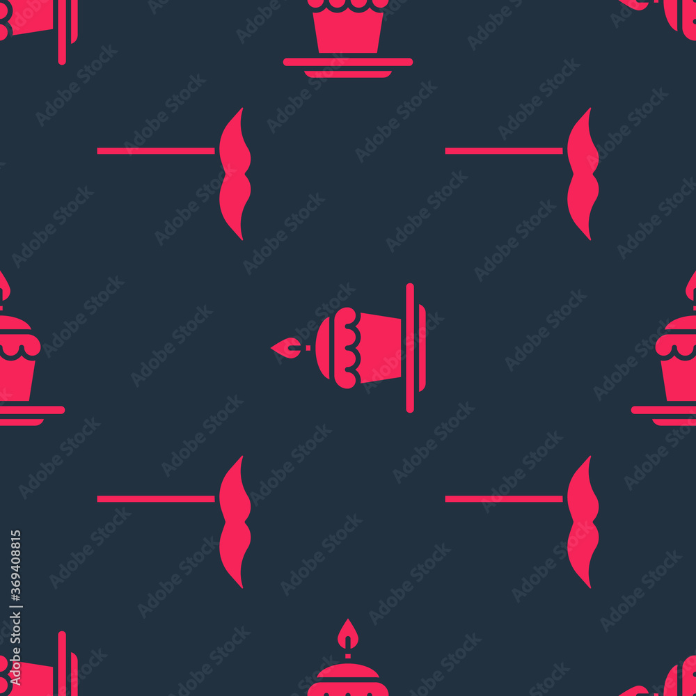 Set Paper mustache on stick and Cake with burning candles on seamless pattern. Vector.