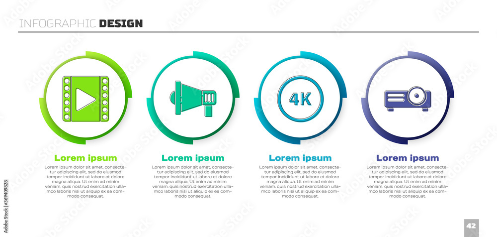 设置播放视频、Megaphone、4k超高清和电影、电影、媒体投影仪。商业信息图templa