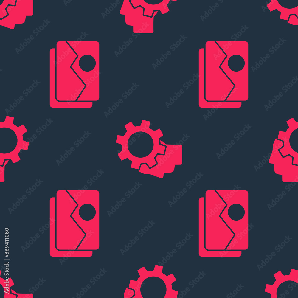 Set Picture landscape and Human head with gear inside on seamless pattern. Vector.