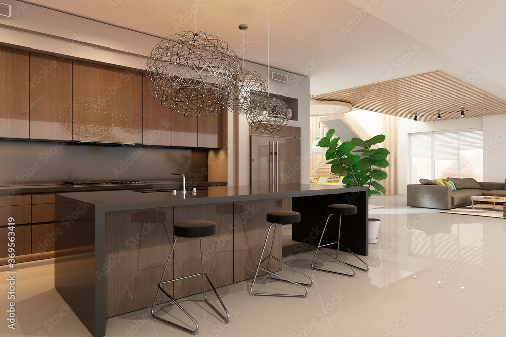 Modern house interior with kitchen. 3D Render