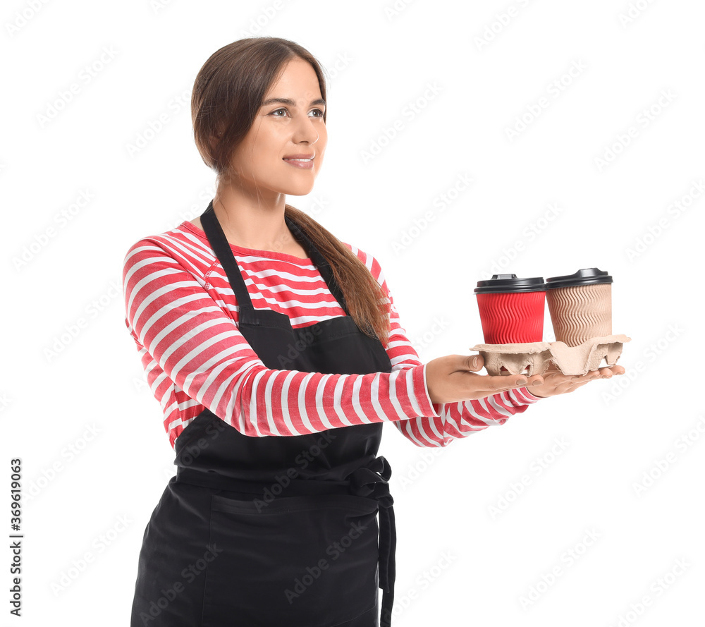 Female barista on white background