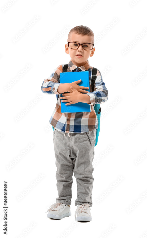 Cute little schoolboy with book on white background