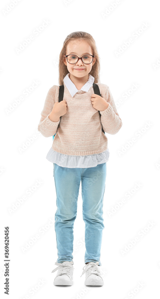 Cute little schoolgirl on white background