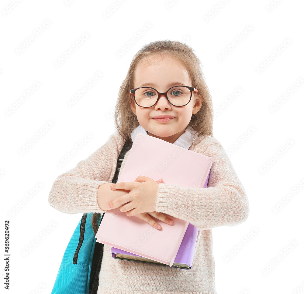 Cute little schoolgirl on white background