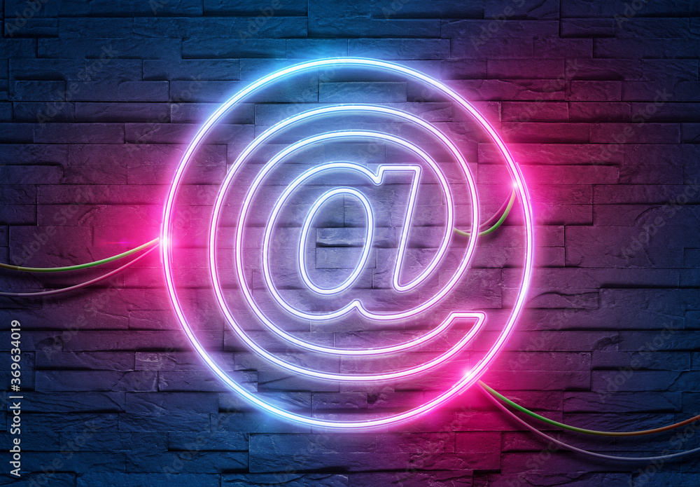 Contact neon icon illuminating a brick wall with blue and pink glowing light 3D rendering