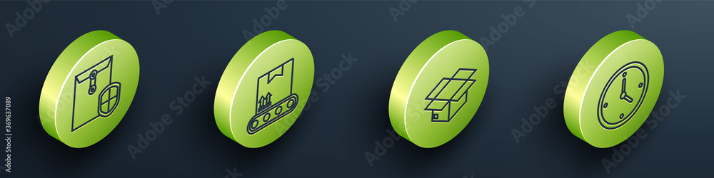 Set Isometric Envelope with shield, Conveyor belt with cardboard box, Carton cardboard box and Fast 