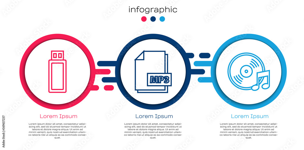 设置线USB闪存驱动器、MP3文件文档和乙烯基磁盘。商业信息图模板。矢量。