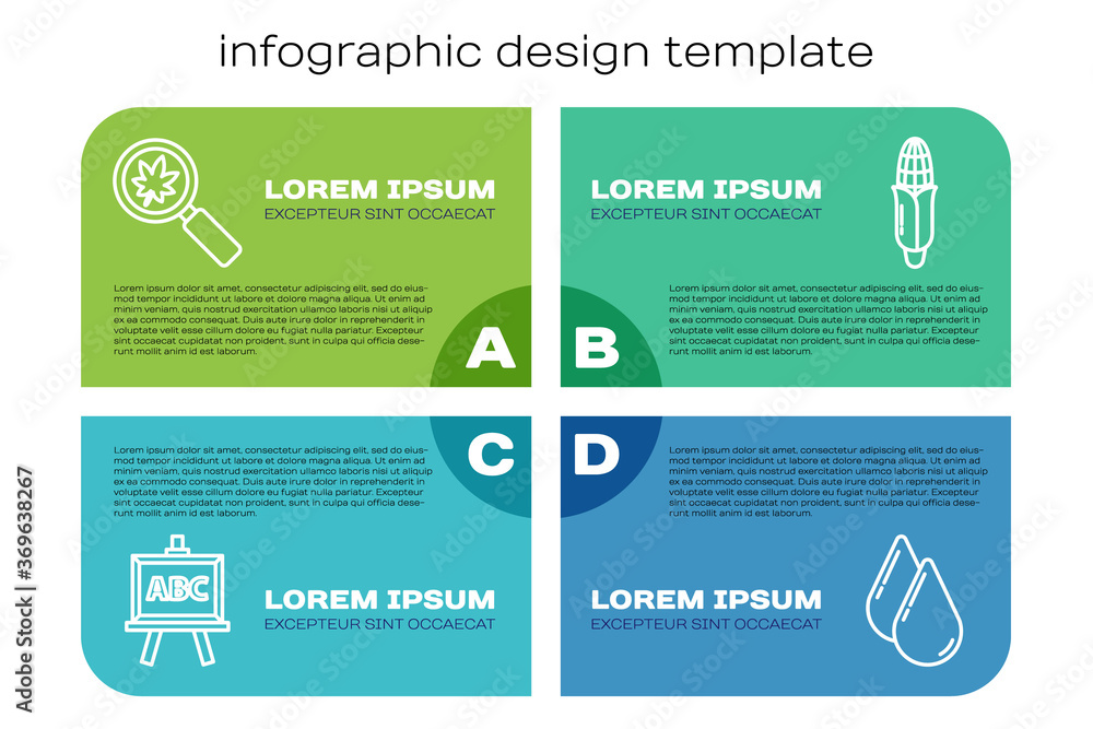 设置线条黑板、带叶子的放大镜、水滴和玉米。商业信息图模板。