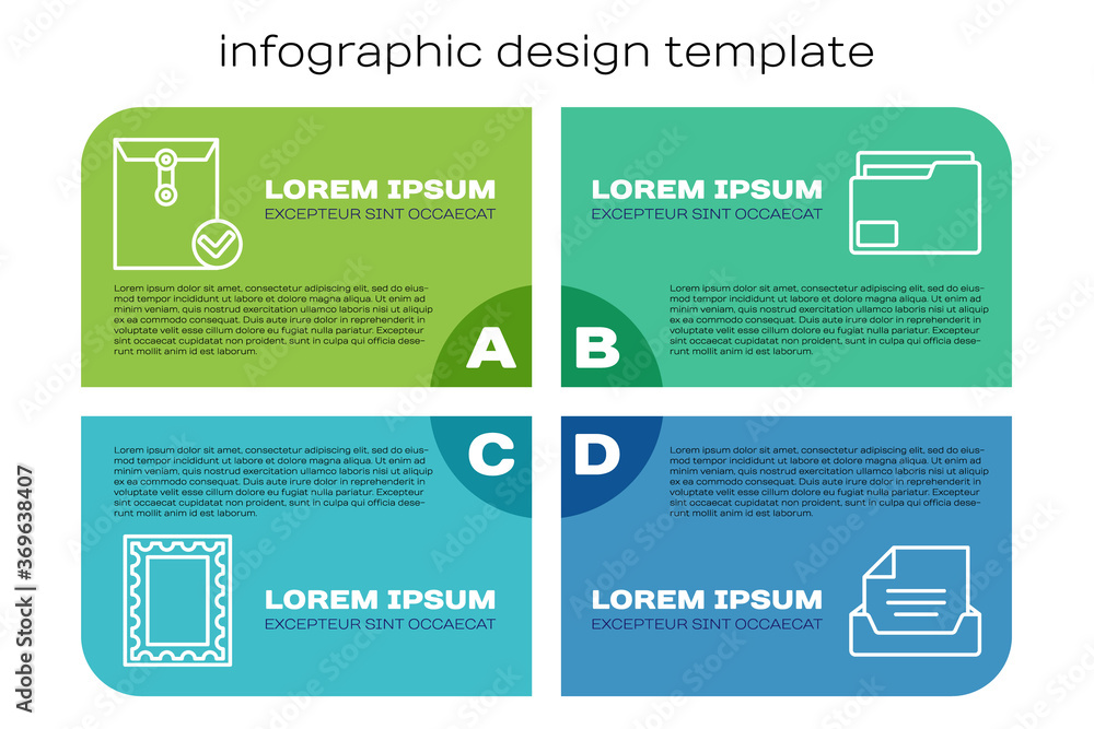 Set line Postal stamp, Envelope and check mark, Drawer with document and Document folder. Business i