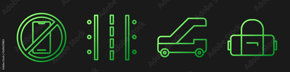 Set line Passenger ladder for plane boarding, No cell phone, Airport runway and Suitcase. Gradient c