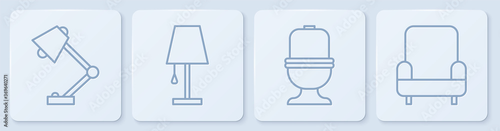 设置行台灯、马桶、台灯和扶手椅。白色方形按钮。矢量。