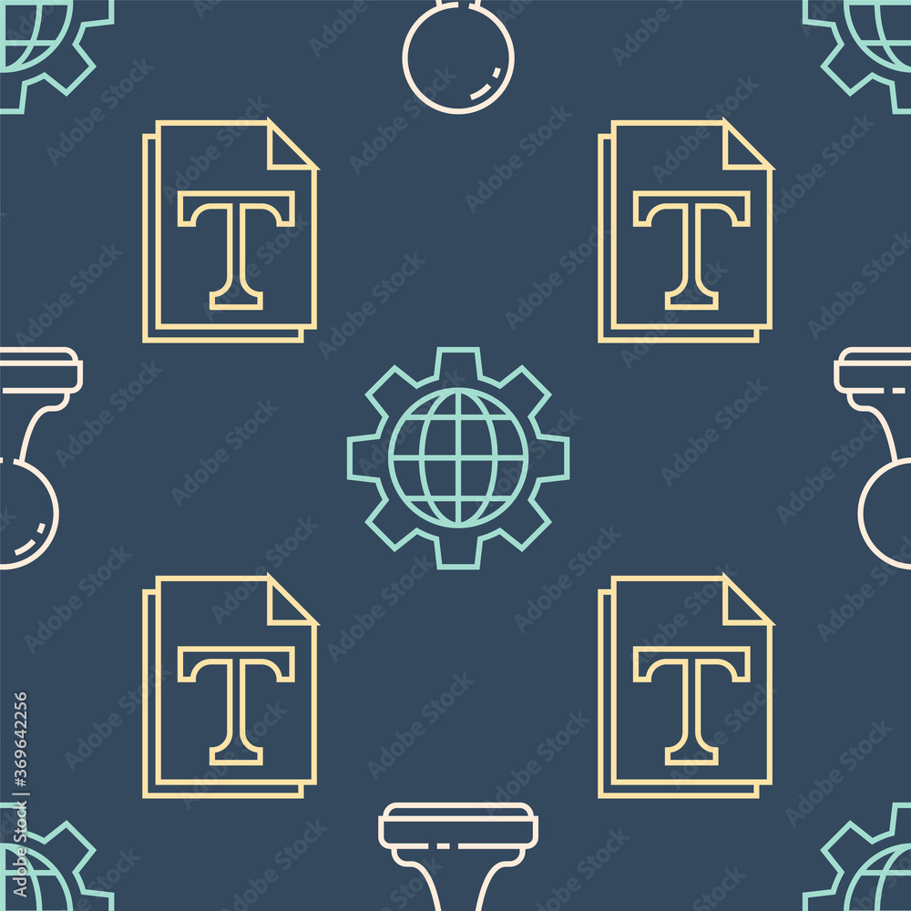 将线条印章、文本文件文档、地球仪和齿轮设置在无缝图案上。矢量。