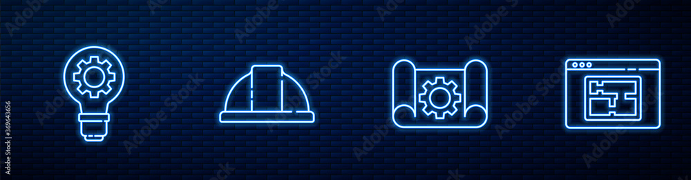 设置线条绘图纸和设备、灯泡、工人安全帽和房屋平面图。闪闪发光的霓虹灯图标
