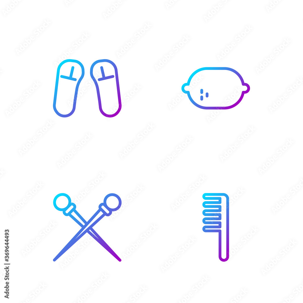 Set line Hairbrush, Knitting needles, Slipper and Lemon. Gradient color icons. Vector.