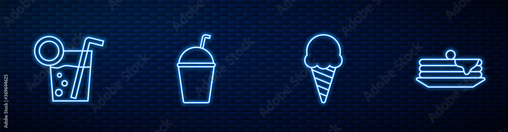 Set line Ice cream in waffle cone, Cocktail, Milkshake and Stack of pancakes. Glowing neon icon on b