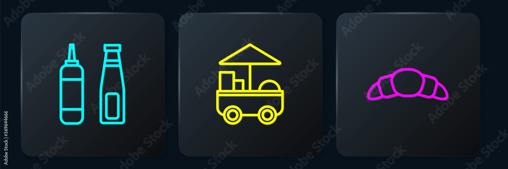 Set line Sauce bottle, Croissant and Fast street food cart. Black square button. Vector.