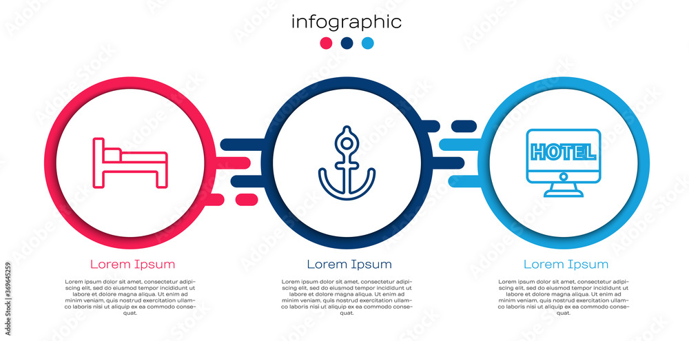 设置线路床、锚和在线酒店预订。商业信息图模板。矢量。