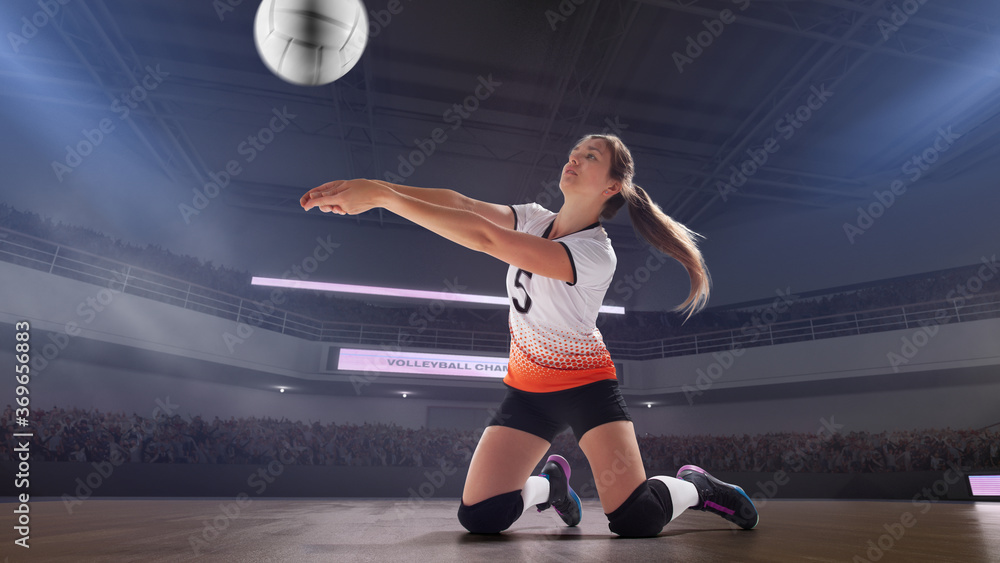 Female professional volleyball players in action on 3d stadium.