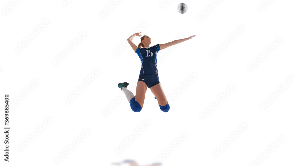 Female professional volleyball players in action on white background.