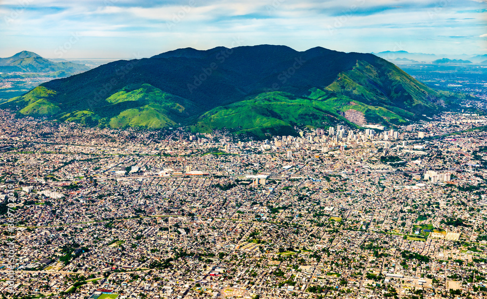 Aerial view of northern suburbs of Rio de Janeiro in Brazil