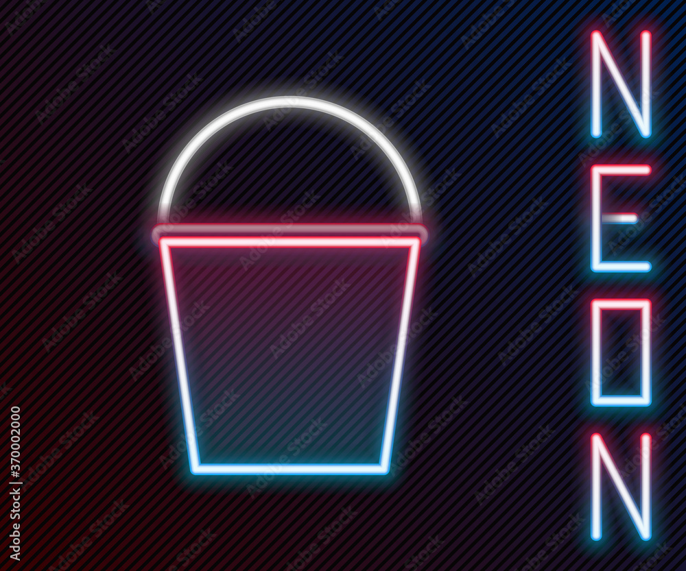 Glowing neon line Fire bucket icon isolated on black background. Metal bucket empty or with water fo