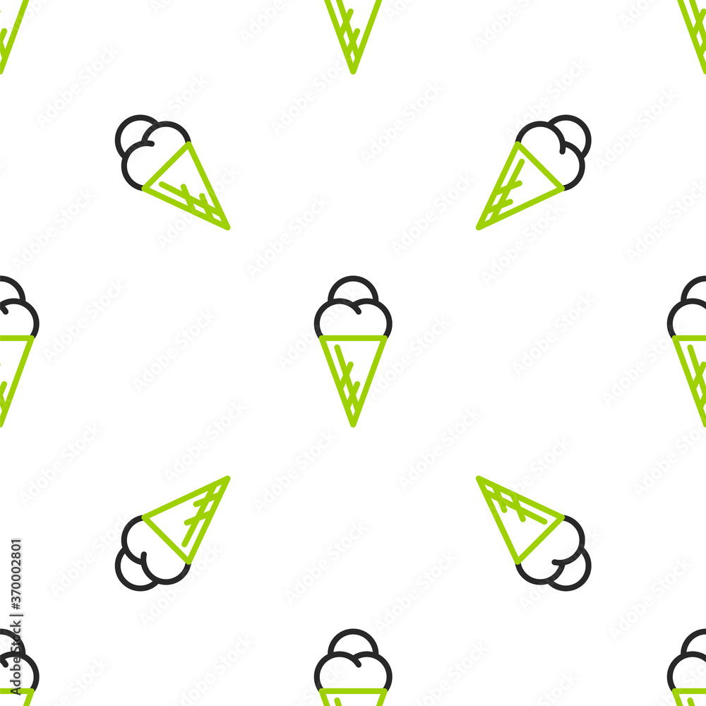 Line Ice cream in waffle cone icon isolated seamless pattern on white background. Sweet symbol. Vect