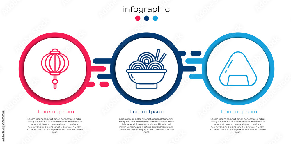 设置中国纸灯笼、碗里的亚洲面条和寿司。商业信息图模板。Vect